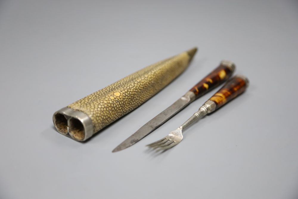 An 18th century travelling knife and fork set, in shagreen case